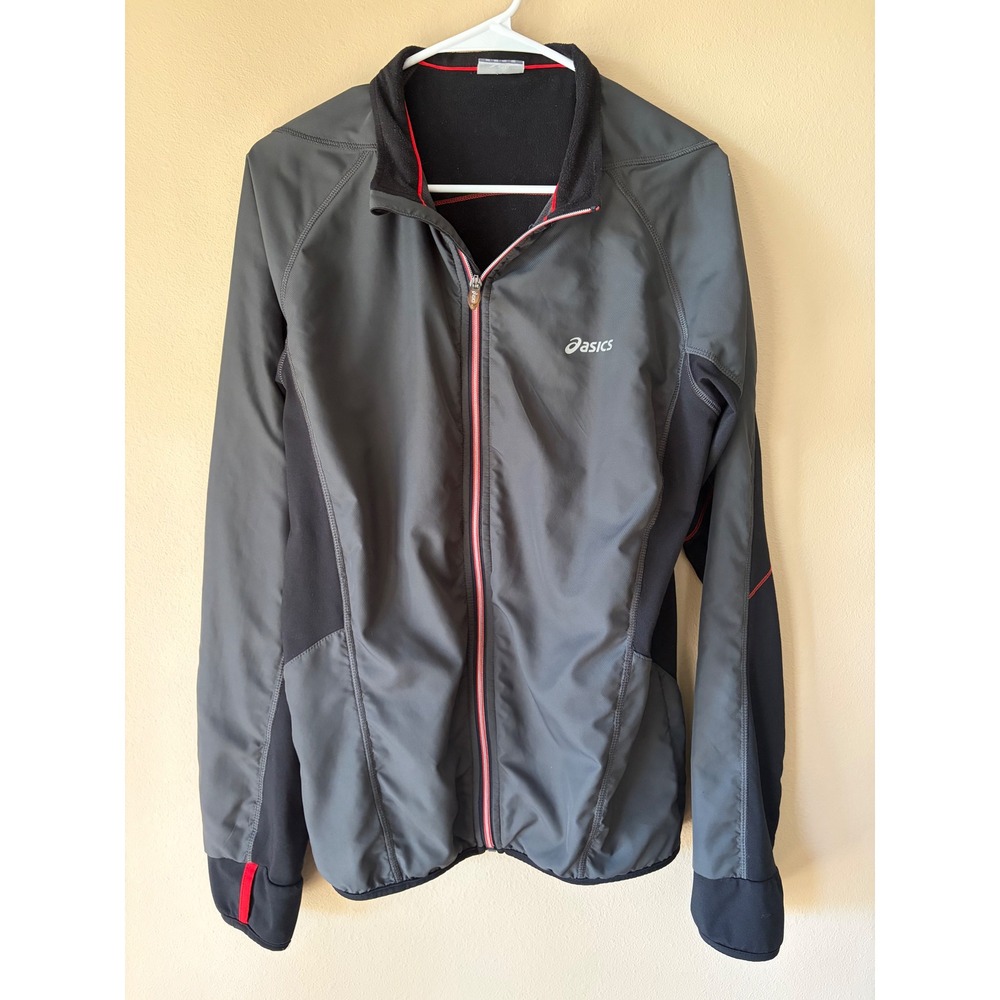 Asics Mens Grey Black Full Zip Running Jacket Red Trim Size M Reflective Logo